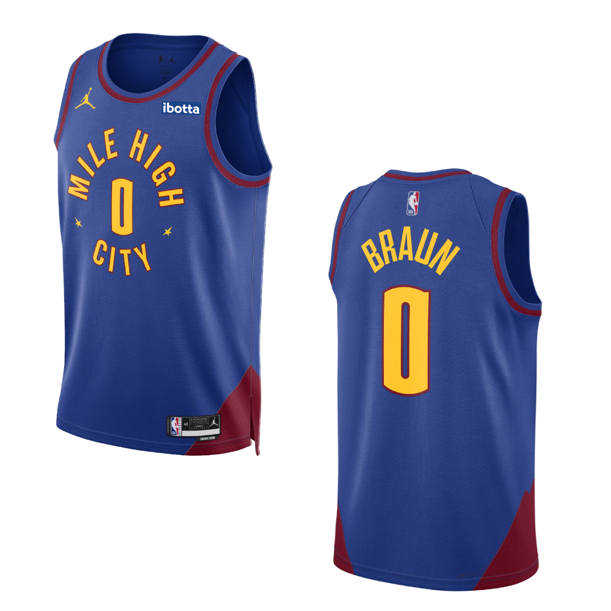 Royal Blue Nuggets Statement Christian Braun #0 Swingman Jersey. Has the Mile High City mantra across the chest with the #0 in the middle with yellow lettering surrounding by maroon lining.  