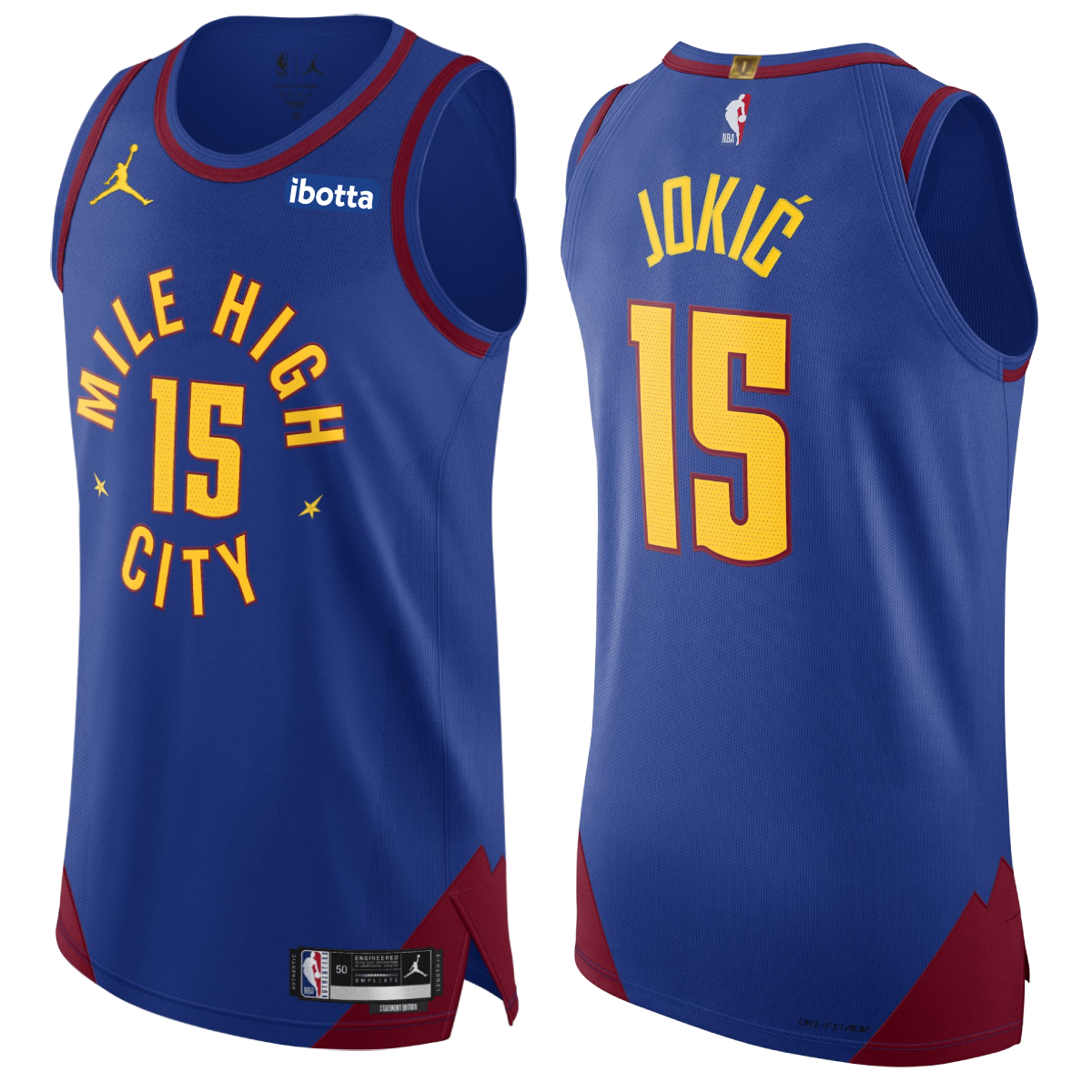 Royal Blue Nuggets Statement Jokic #15 Authentic Jersey. Has the Mile High City mantra across the chest with the #15 in the middle with yellow lettering surrounding by maroon lining. On the back neck tag, has the "1" in gold indicating our one NBA championship.