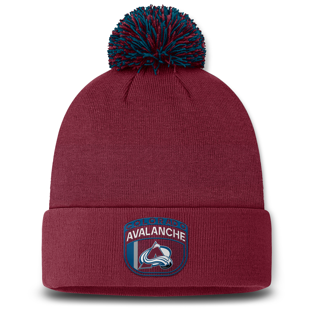 Front of beanie, blue and burgundy pom on top, Colorado in red, Avalanche in White and Avalanche Logo below wording