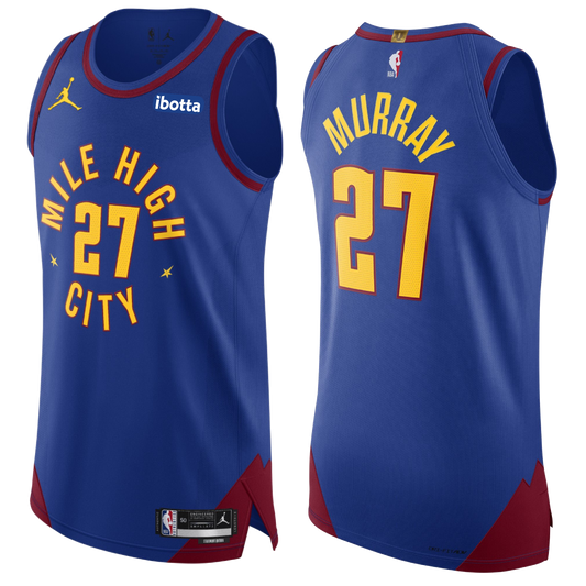 Royal Blue Nuggets Statement Jamal Murray #27 Authentic Jersey. Has the Mile High City mantra across the chest with the #27 in the middle with yellow lettering surrounding by maroon lining. On the back neck tag, has the "1" in gold indicating our one NBA championship.