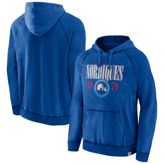 Dark blue Quebec Nordiques hoody. The words "Quebec Nordiques" are in the center of the hoody. "Quebec" is in red, along with 1979 (Their founding year). The Nordiques' logo is surrounded in a circle that reads "National Hockey League." The word Nordiques is in big bold white letters.