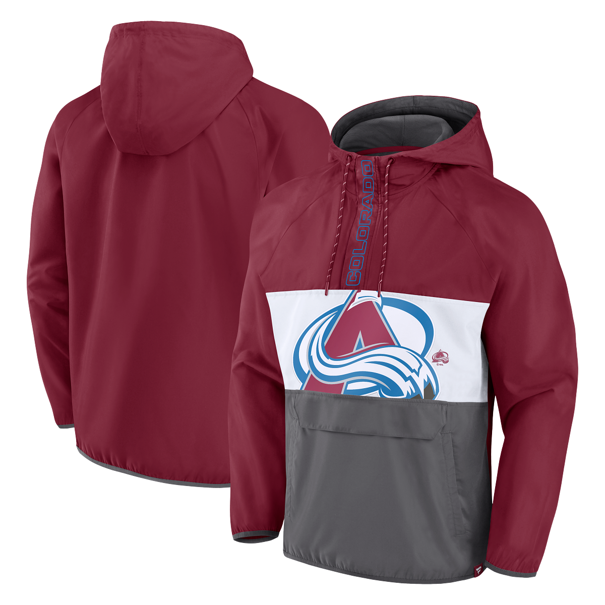 3 color panel jacket, top burgundy, middle white and bottom grey.  In middle white panel is a big blow up Avalanche logo with a small tonal logo to the left of the logo.  Zipper cover has the word Colorado in blue