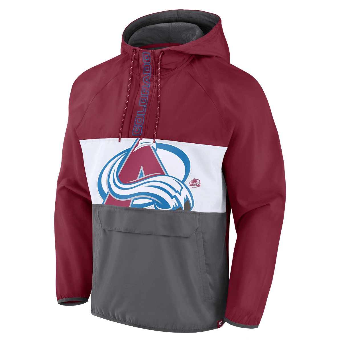 Front view 3 color panel jacket, top burgundy, middle white and bottom grey.  In middle white panel is a big blow up Avalanche logo with a small tonal logo to the left of the logo.  Zipper cover has the word Colorado in blue