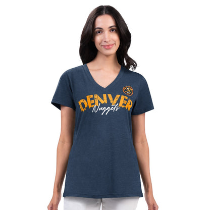 Navy Blue background, Denver in Yellow and Nuggets in White, the Denver Nuggets pickaxle logo on the left hand side. 