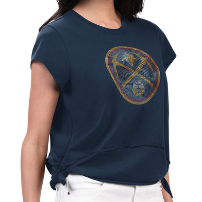 Women's Cheer top with Navy Background,  Denver Nuggets Pickaxle logo that is with Rhinestones