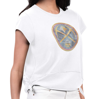 White short sleeve tee, Rhinestone primary nuggets logo up close