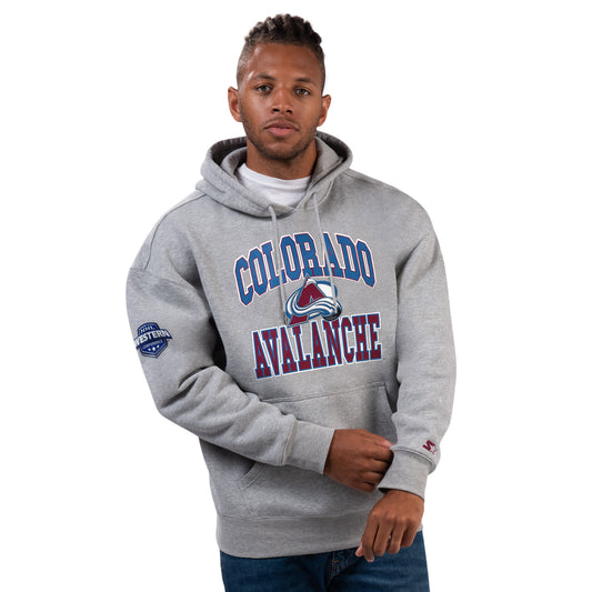 Starter grey hoodie with blue lettering or Colorado & Burgundy for the Avalanche. Has a western conference patch on the right sleeve.