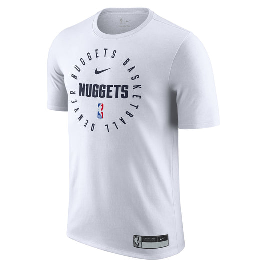 Front view - White tee, Navy font in a circle says Denver Nuggets Basketball, Nike swoosh, Nuggets wordmark and NBA logoman logo in the middle of the circle of words.