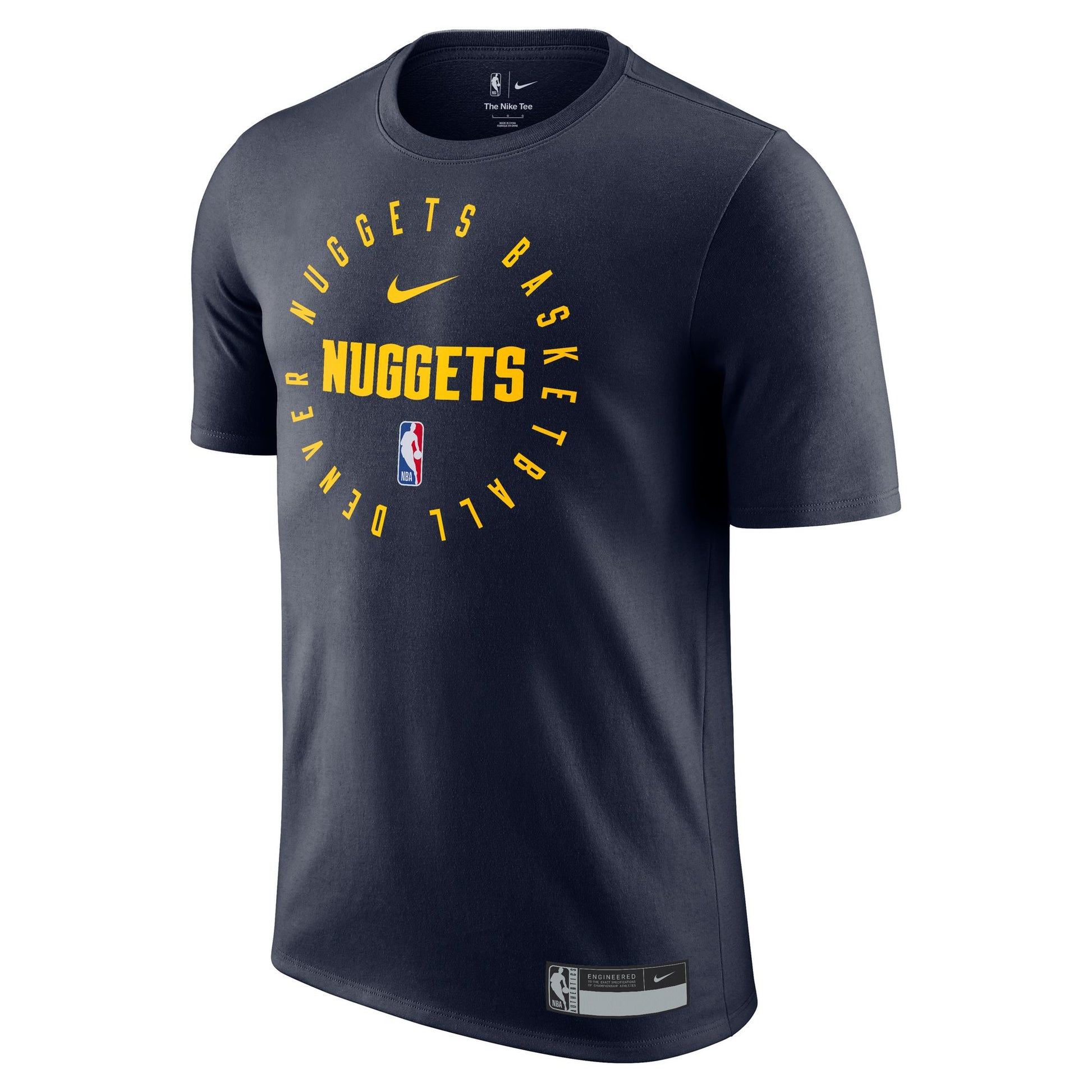 Front view - Navy tee, Yellow font in a circle says Denver Nuggets Basketball, Nike swoosh, Nuggets wordmark and NBA logoman logo in the middle of the circle of words.