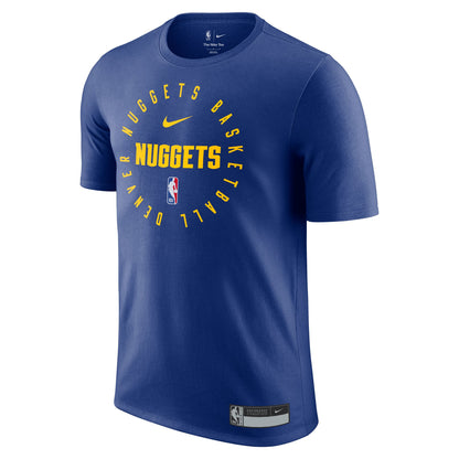 Front view - Royal Blue tee, Yellow font in a circle says Denver Nuggets Basketball, Nike swoosh, Nuggets wordmark and NBA logoman logo in the middle of the circle of words.