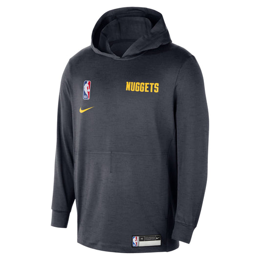 Midnight Navy Hoody, Left chest Gold Nuggets wordmark, right side chest has NBA logo and a gold Nike Swoosh Logo underneath