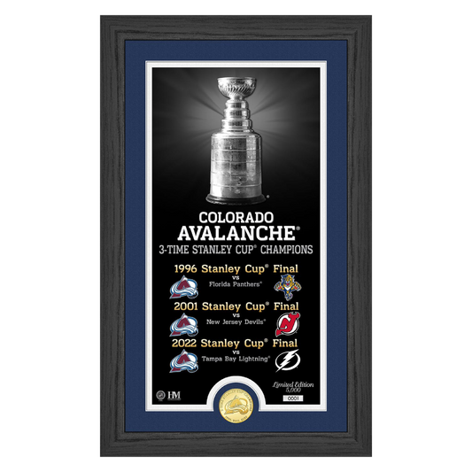 This picture frame is to remember the past times that the Colorado Avalanche have won the Stanley Cup. On the top of the picture there is an image of the Stanley Cup, right below it it says "Colorado Avalanche 3-time Stanley cup champions". Below that it has each of the 3 times the Avalanche have won the cup and who it was against. In 1996 the Avs beat the Panthers, in 2001 the Avs beat the devils, and in 2022 the avs beat the Lightning.