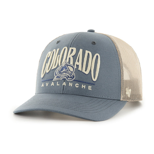 Front/Left side view of Canyon Trucker Hat,  Blue background, Colorado Avalanche in white, white and Blue Avalanche Logo. 