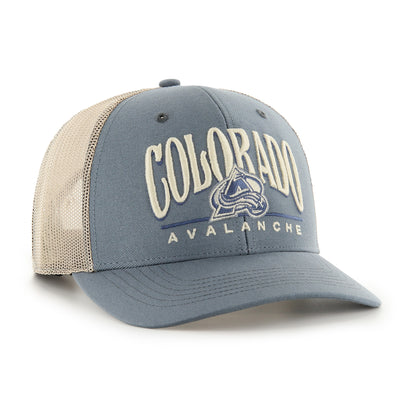 Front/Right side view of Canyon Trucker Hat, Blue background, Colorado Avalanche in white, white and Blue Avalanche Logo.