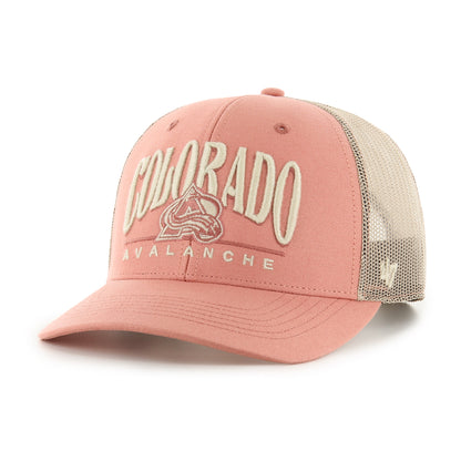 Front/Left side view of Canyon Trucker Hat,  Sedona (light pink) background, Colorado Avalanche in white, white and sedona (light pink) Avalanche Logo.