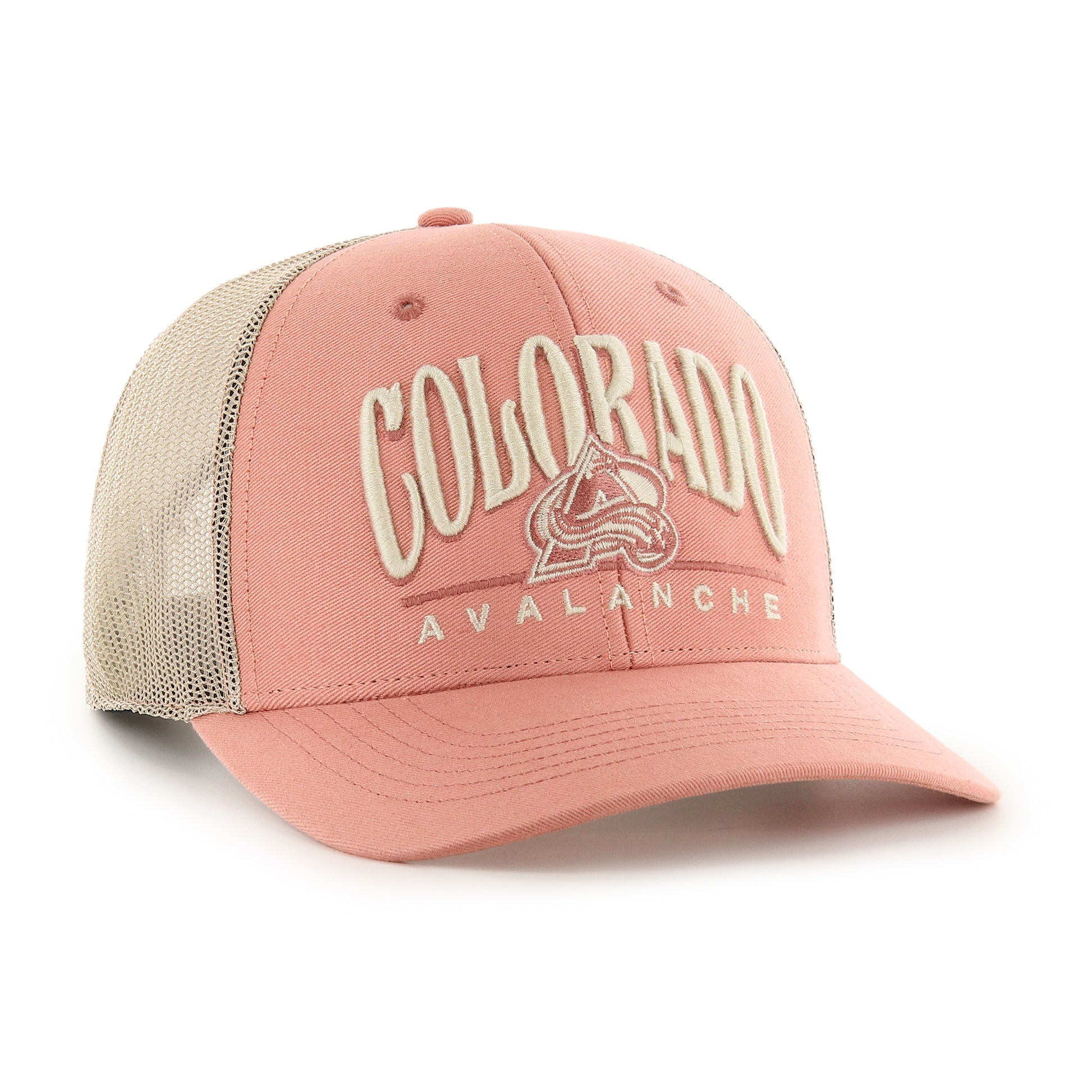 Front/Right side view of Canyon Trucker Hat, Sedona (light pink) background, Colorado Avalanche in white, white and Sedona (light pink) Avalanche Logo.