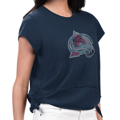 Navy short sleeve tee, Rhinestone primary Avalanche logo up close