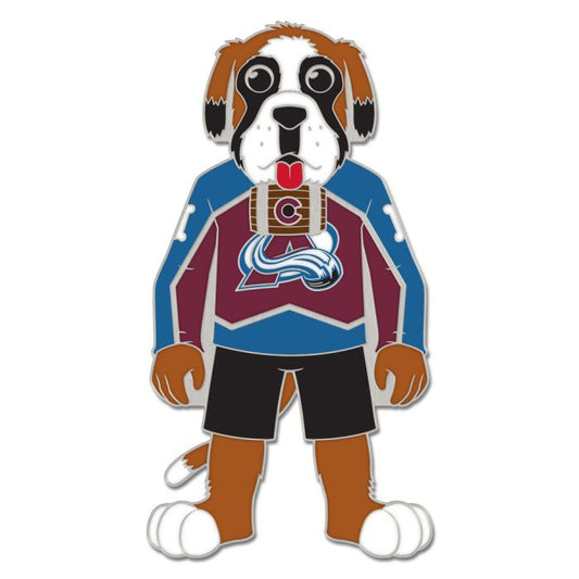 This lapel pin is made after the Colorado Avalanche mascot Bernie. The pin is in the shape of Bernie, and Bernie is wearing the Colorado Avalanche home Burgundy and Blue Jersey.