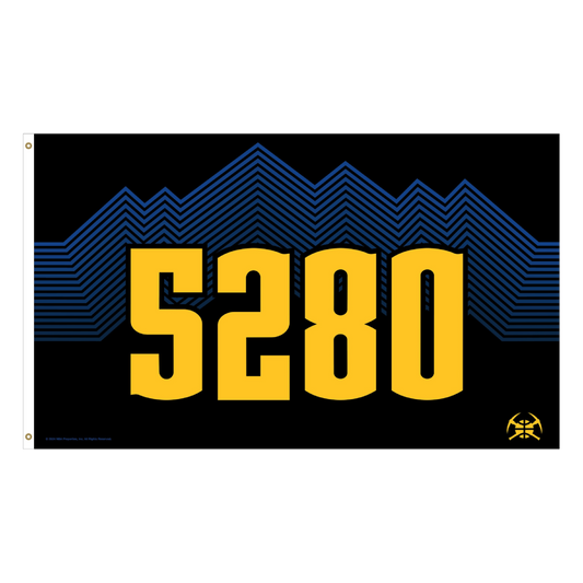 5280 City Edition black flag, blue modern mountain lines yellow 5280 center. Nuggets basketball pickaxe logo bottom right.