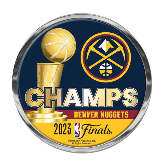 Automotive Emblem, Blue background, Denver Nugget pickaxe logo  top right, Gold Basket and Ball top left, Champs in Gold, red outline with Yellow Denver Nuggets and 2023 NBA Finals on the bottom, chrome outline.