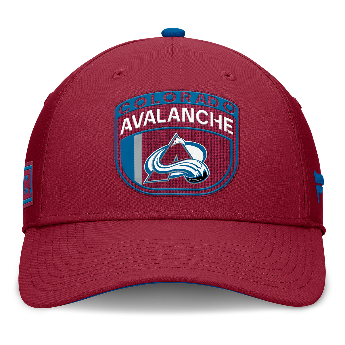 Front of hat, red background, blue boarders with Colorado in Red Avalanche in White with Avalanche logo under wording