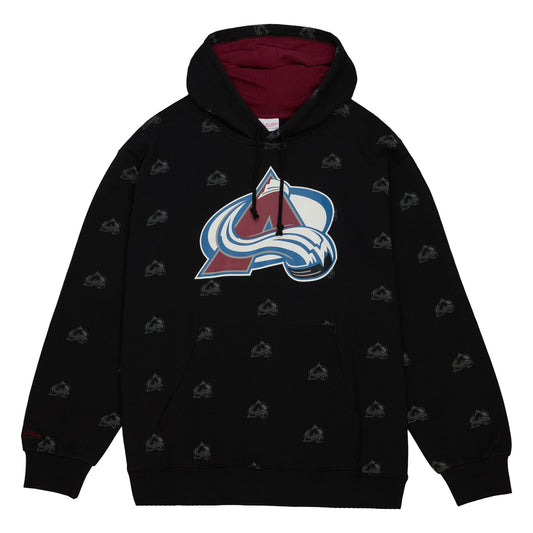 Black pullover hoodie with primary avalanche logo in the middle with small logos surrounding the entire hoodie. Has a burgundy inside the hood.