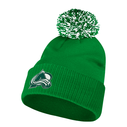 Green Beanie with Green and White Pom Pom on top with Green Avalanche logo on the front