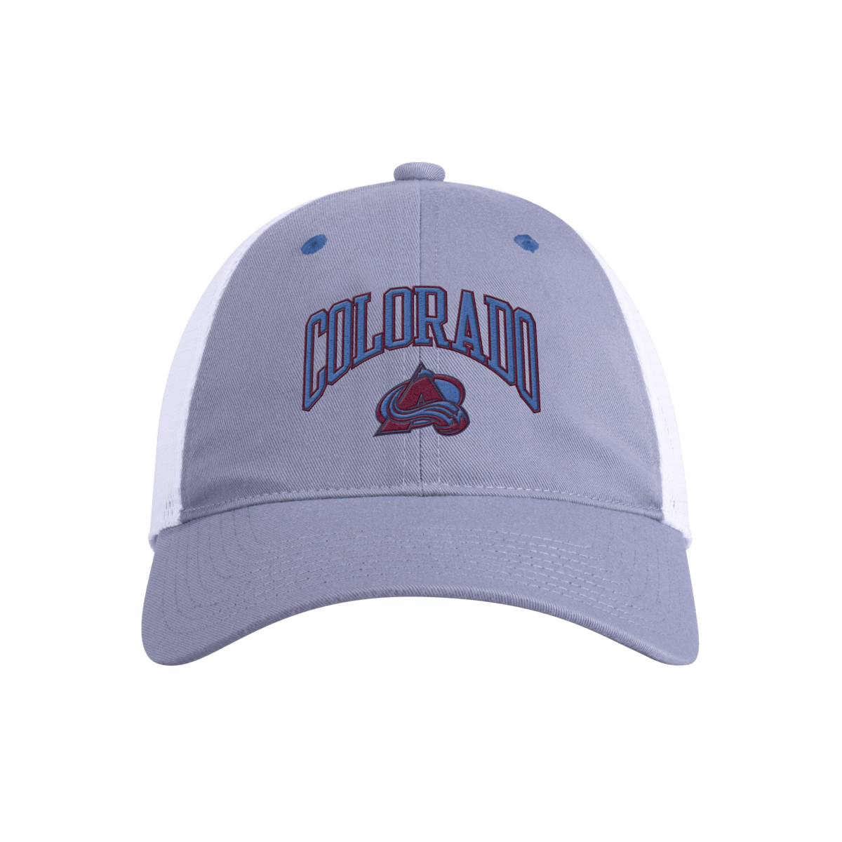 Grey Front Hat with Blue Colorado lettering with burgundy outline, Avalanche logo below that is blue and burgundy