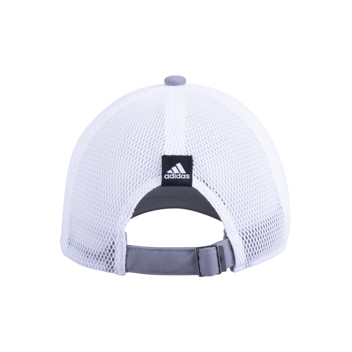 Back of Grey trucker hat white mesh with grey adjustable buckle strap with Adidas logo on back