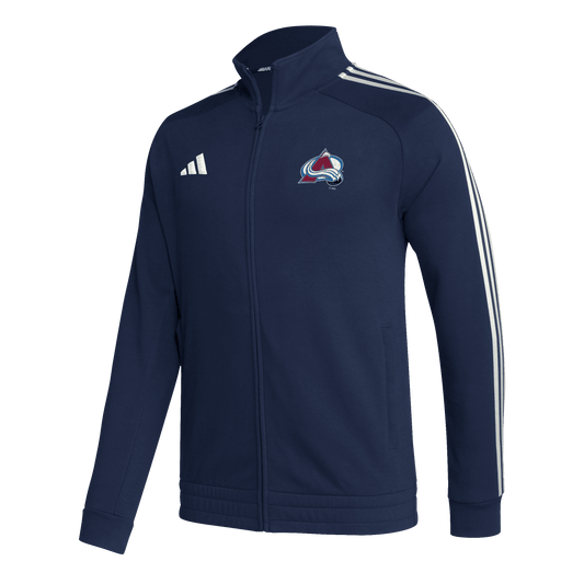 Adidas Navy Jacket with classic Avalanche logo on the chest with 3 stripes starting from shoulders to wrists.