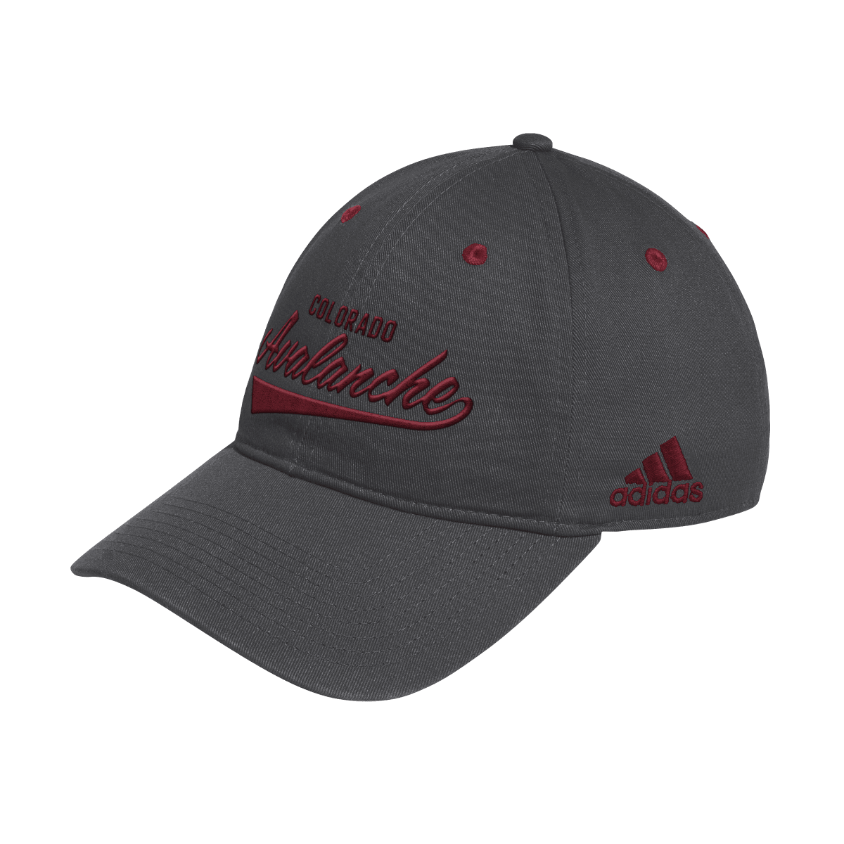 Grey hat, with burgundy colored Font, Script font Avalanche and Burgundy Adidas Logo on left side 