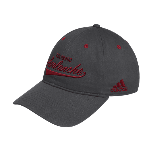 Grey hat, with burgundy colored Font, Script font Avalanche and Burgundy Adidas Logo on left side 