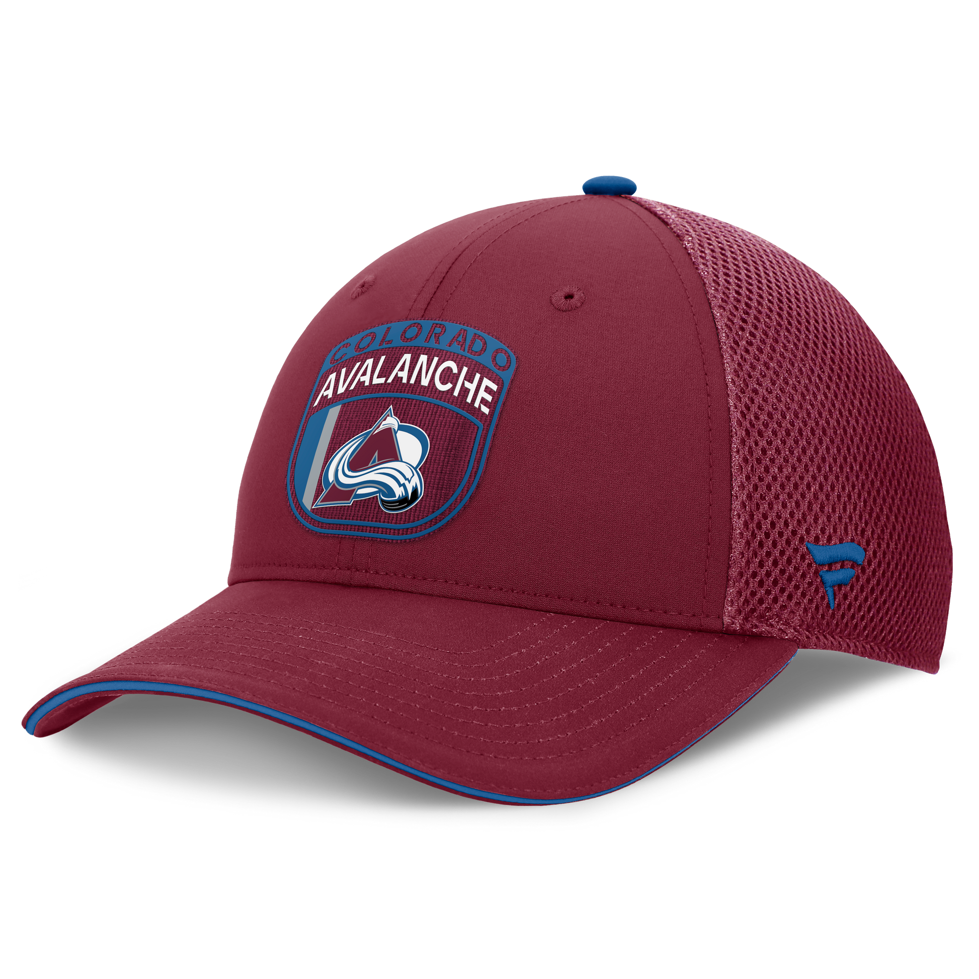 Left side of hat, Burgundy Mesh with blue fanatics logo.