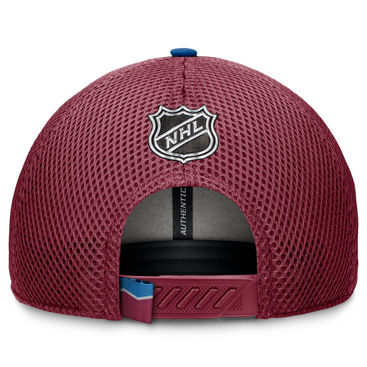 Back of hat, Burgundy mesh, with NHL Logo, Burgundy snapback and burgundy, white and blue tag