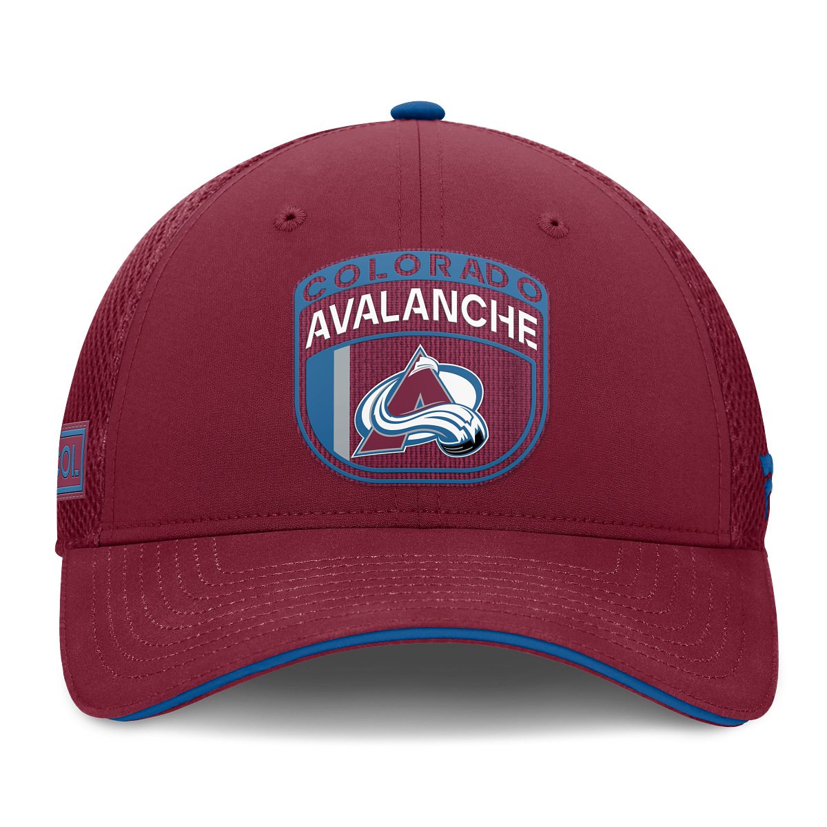 Front of hat, Burgundy with Colorado wording, white Avalanche lettering and Avalanche Logo below wording