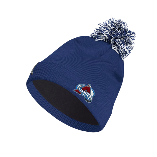 Blue Team pom pom beanie with blue and white pom pom on top and Avalanche logo in the center of the front