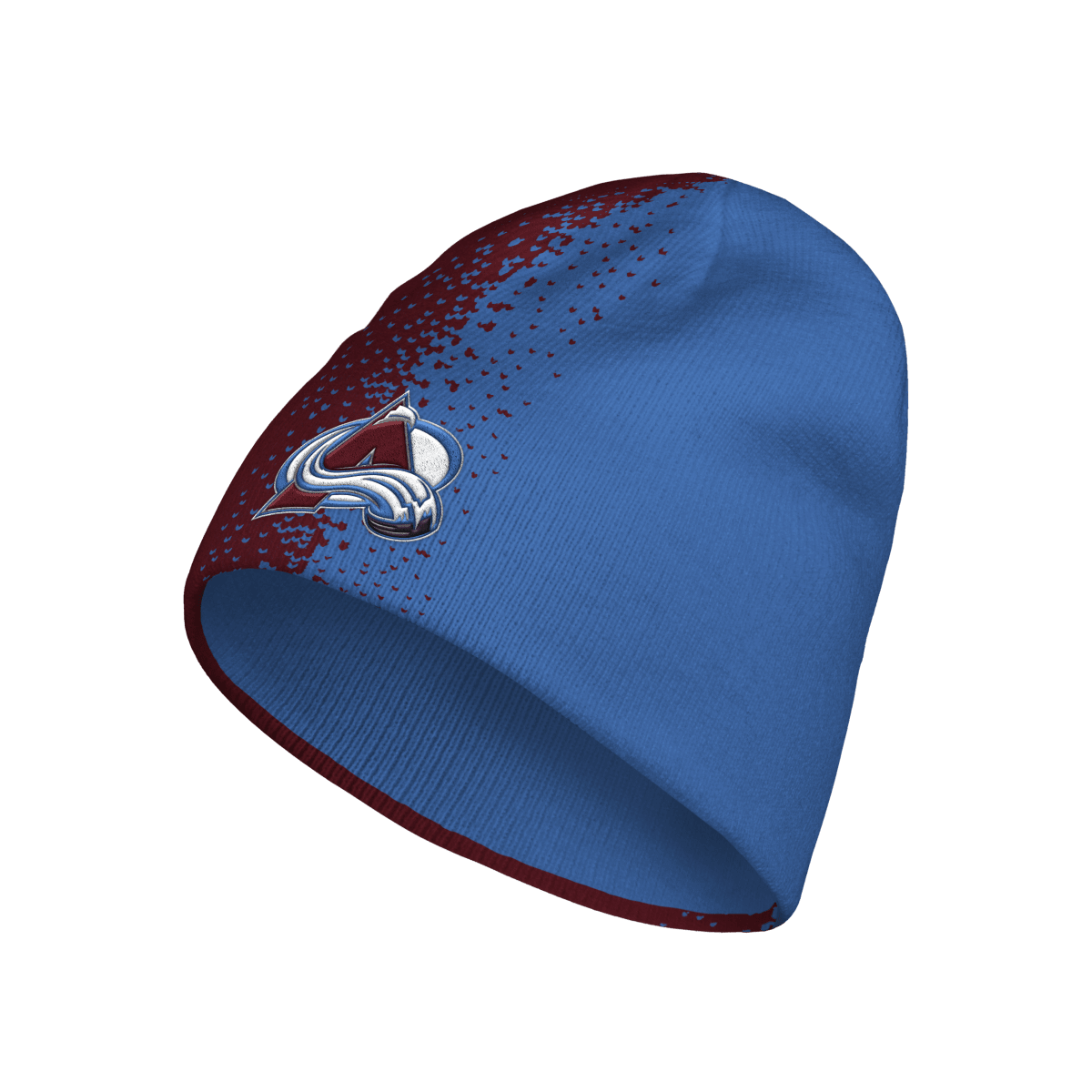 Beanie with spilt color of Burgundy on right side and blue on the left. Avalanche logo center on the front side