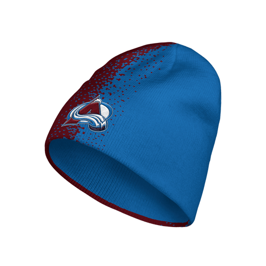 Beanie with spilt color of Burgundy on right side and blue on the left. Avalanche logo center on the front side