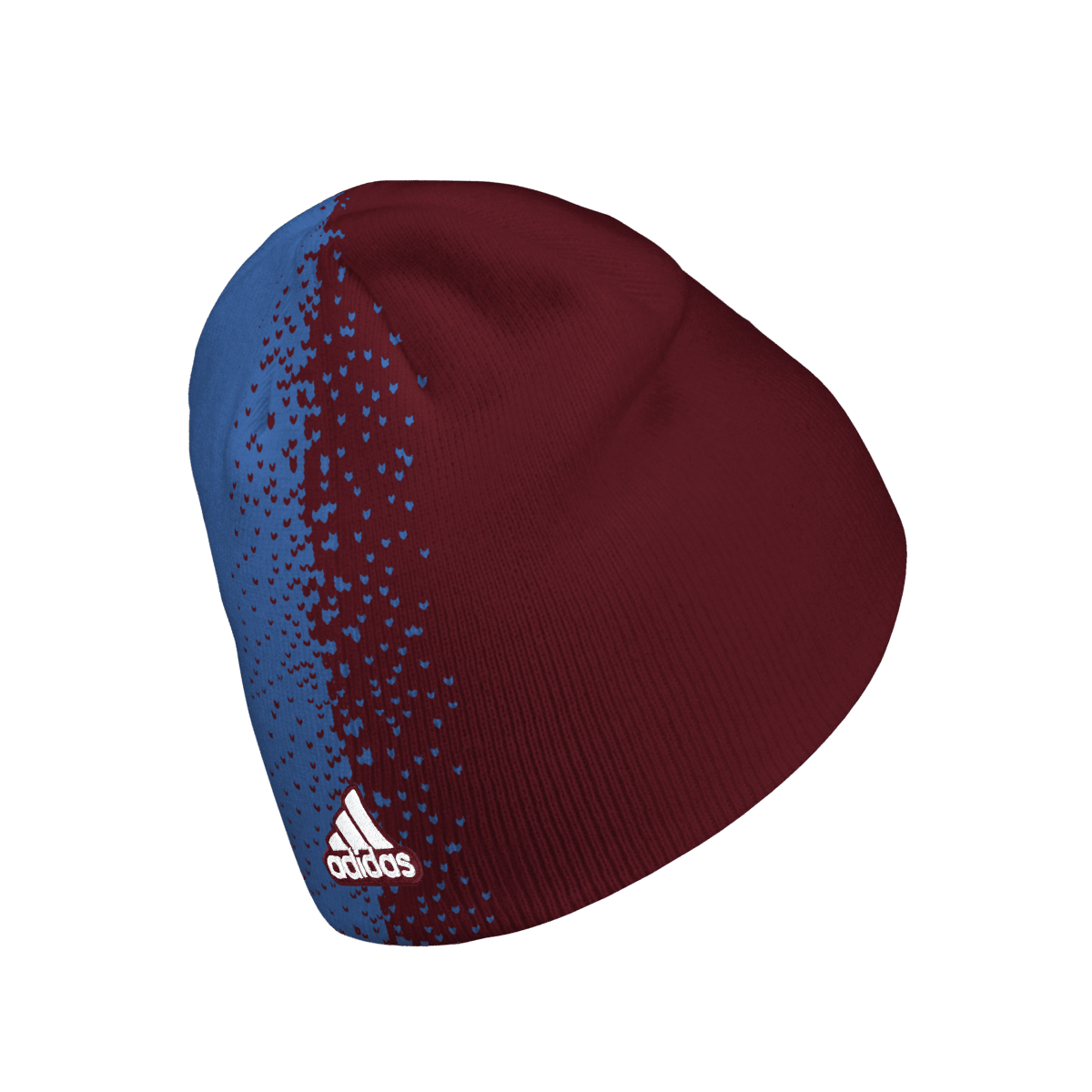 Spilt color beanie back; blue on the left and Burgundy on right with white adidas logo outlined in burgundy 