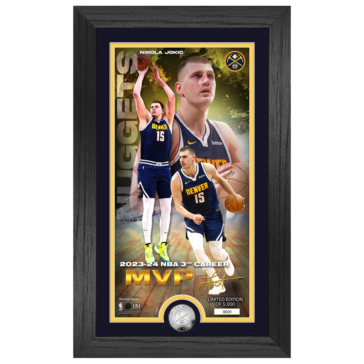 Vertical Wood Frame, Jokic floating poster, jump shot, dribbling, and free throw. Wearing Navy Blue Uniform with white leggings and socks with yellow and white sneakers. 2023-24 NBA 3rd Career MVP across bottom of poster.