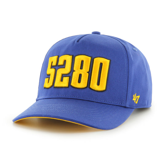 Cotton twill garment washed hat. Royal blue color base. Raised embroidered City Edition 23/24 Script reading 5280 in yellow font on front panels. Contrast color brim. Small 47 brand logo in yellow on left side of hat.  