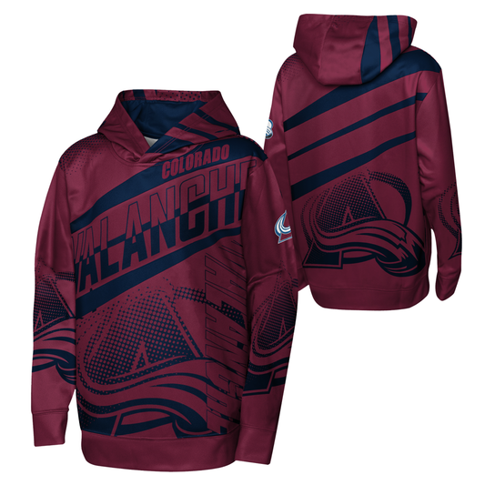 Burgundy pullover hoodie with "Colorado Avalanche" written diagonally across chest. Has big blue avalanche logo on the bottom half.  Also has two blue avalanche logos on each sleeve, along with red colored avalanche logo on the left shoulder. The word "Avalanche" is written vertically on the left side of the hoodie near the sleeve. The back of the hoodie is maroon with three slanted blue lines across the top half and a blue avalanche logo on the bottom half. The hood is maroon with blue stripes. 