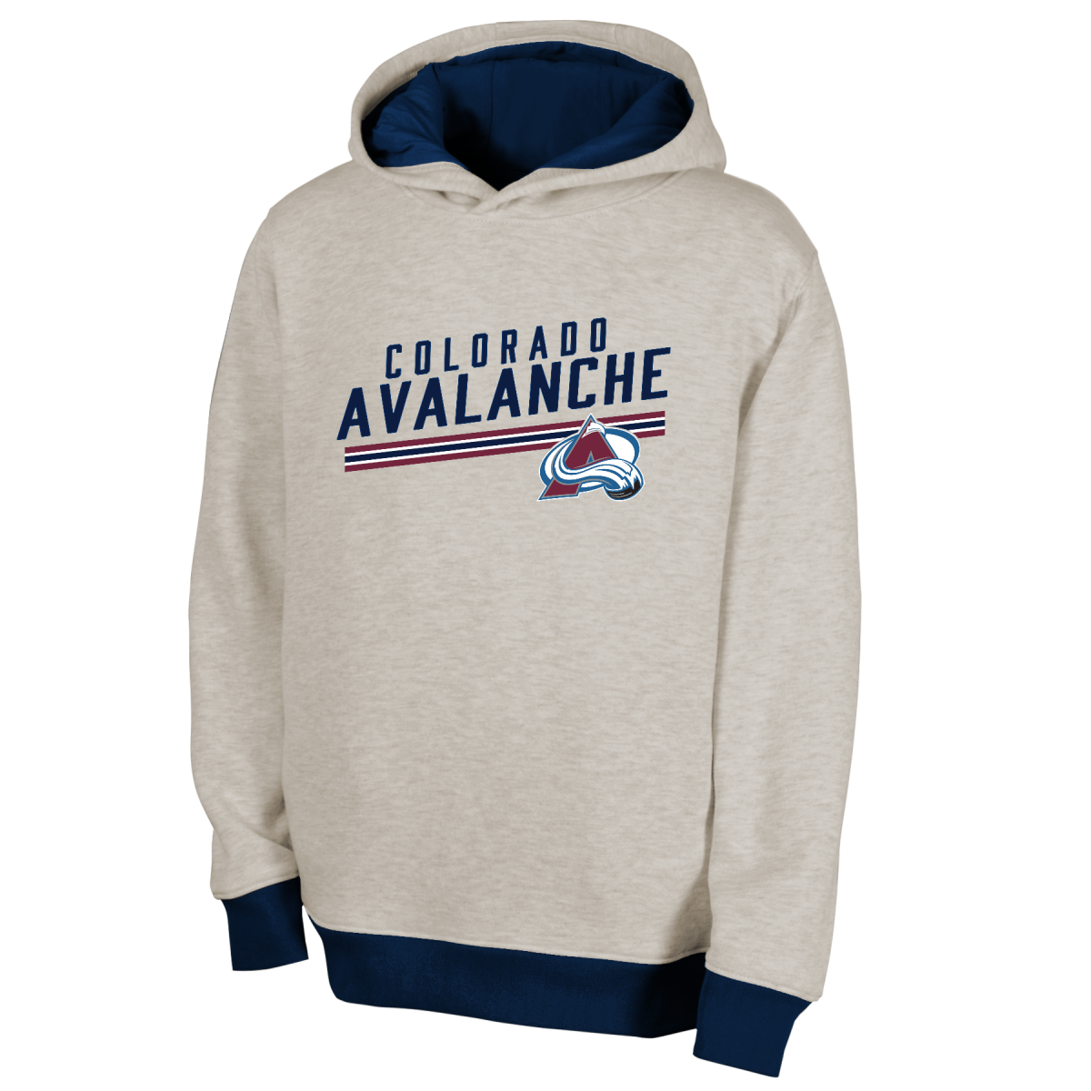 Grey pullover hoodie with blue lining. "Colorado Avalanche" is written across the middle with a red line, blue line, and red line under that. Also has Avalanche logo under that on the left chest. The sleeves are grey with blue wrists and a blue waistband.