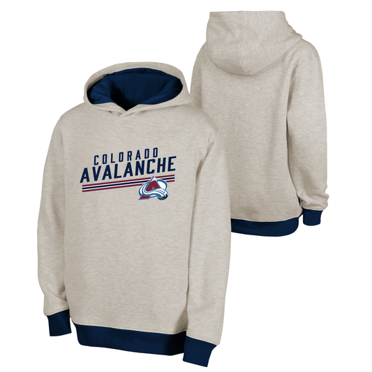 Grey pullover hoodie with blue lining. "Colorado Avalanche" is written across the middle with a red line, blue line, and red line under that. Also has Avalanche logo under that on the left chest. The sleeves are grey with blue wrists and a blue waistband. The back is grey.