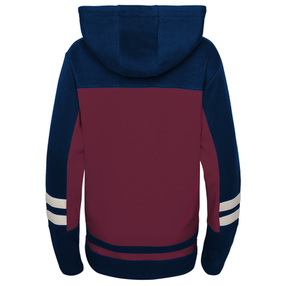 Back shows navy hood and shoulders, maroon body with navy stripes at waist, navy arms with maroon underarms and white bands below elbow