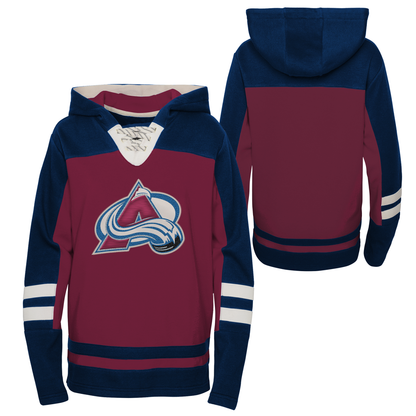 Image is of front and back of hoody. Front shows maroon body with navy shoulders and hood. Waist has two navy bands with maroon in the middle.  White inverted tringle at v-neck with skate lace. Large Avalanche logo in center of chest. Arms are mostly navy blue extended from the shoulders to wrists. Under arms on the sleeves are maroon. Two white bands just below the elbows. Back shows navy hood and shoulders, maroon body with navy stripes at waist, navy arms with maroon underarms and white bands below elbow