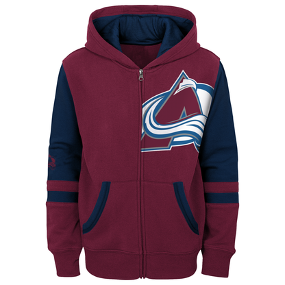 Full zip hoody, body is burgundy, sleeves are split with navy color on top and burgundy on the bottom.  Avs Logo on left chest