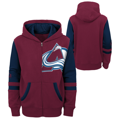 Full zip hoody, body is burgundy, sleeves are split with navy color on top and burgundy on the bottom.  Avs Logo on left chest