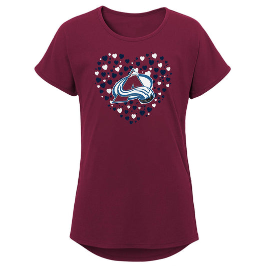 Maroon short sleeve tee. Small white and navy hearts in the space in the shape of a heart on center of chest. Large Avalanche logo in center of heart. 