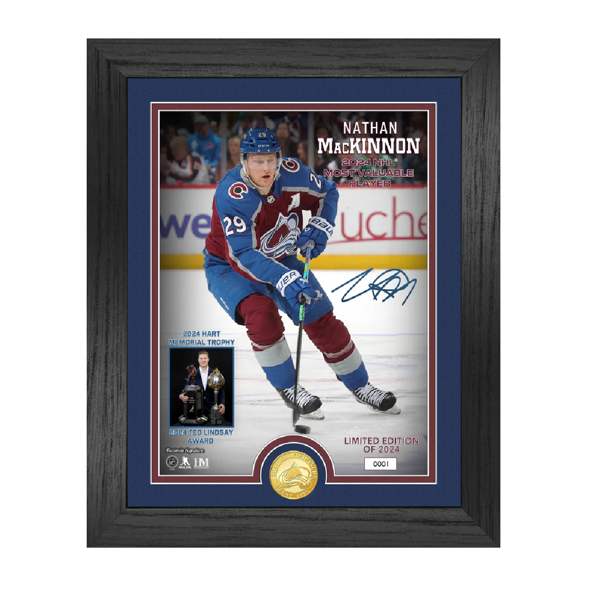 This is a signed photo of the Colorado Avalanche star player Nathan Mackinnon in celebration of his 2023-2024 MVP Season. On the top right it has his name and the recognition of his award for the Most Valuable player. In the bottom left it has a photo of Mackinnon with both the Ted Lindsay and the Hart Trophy. In the bottom left it states that this item is limited to 2024 total items. Wooden Border frame.